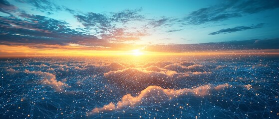 Digital Network Over Cloudscape at Sunset