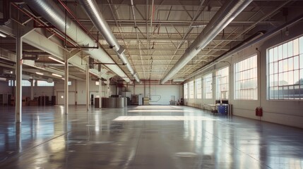 Fototapeta premium A clean, spacious industrial interior with large windows allowing abundant natural light, emphasizing space and functionality.