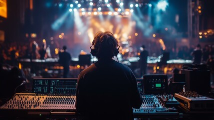 A sound engineer is seen operating a mixing console at a live concert, with colorful stage lights and blurred performers in the background, ideal for music, event, and technology visuals,