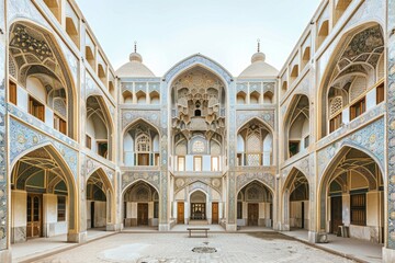 Fototapeta premium A serene courtyard featuring a beautiful fountain as its centerpiece
