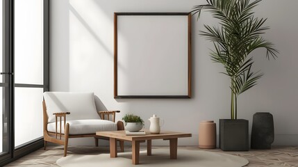 Fototapeta premium Minimalistic movie poster within a wooden frame as a focal point in a modern room setting AI generated illustration