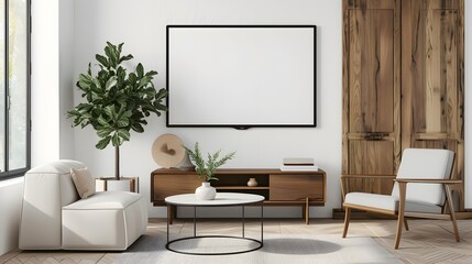 Minimalistic movie poster within a wooden frame as a focal point in a modern room setting  AI generated illustration