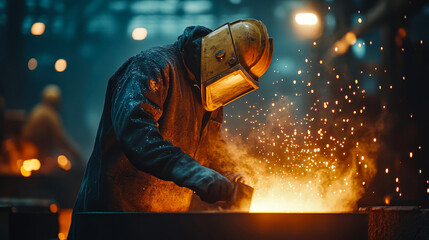 Industrial worker wearing protective gear operates in a dimly-lit factory, sparks flying as they engage in metalwork, Perfect for illustrating manufacturing, industrial safety