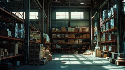 Obraz premium An expansive warehouse with towering shelves packed with various boxes and goods, accentuated by sunlight filtering through large windows.