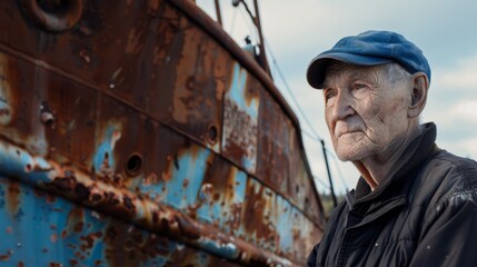 A wise elderly man in a cap gazes at a weathered, rusting ship, reflecting on the past.