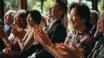 Obraz premium A joyful group of people clapping and smiling during an indoor event, exuding happiness and camaraderie.