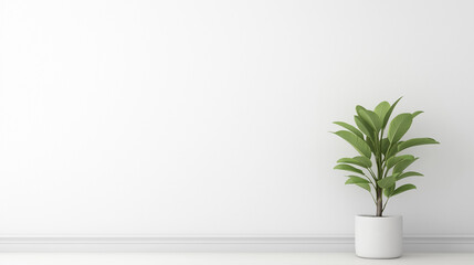 Generate a minimalistic, realistic photograph of a single green plant in a modern, bright living room. The scene should be clean and simple, with the plant positioned against a white or neutral wall, 