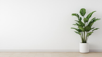 Fototapeta premium Generate a minimalistic, realistic photograph of a single green plant in a modern, bright living room. The scene should be clean and simple, with the plant positioned against a white or neutral wall, 