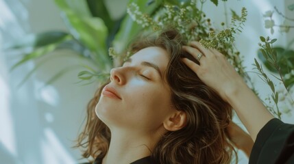 Fototapeta premium A serene portrait of a woman surrounded by greenery, gently touching her hair, with sunlight creating a dreamy, tranquil atmosphere.