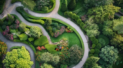 Varied green pathways wind through a lush garden with vibrant flowers and manicured hedges, offering a tranquil and picturesque nature escape.