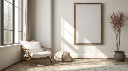 Minimalistically adorned room featuring a wooden frame containing a modern cinematic poster  AI generated illustration