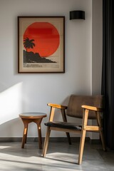 Minimalistically adorned room featuring a wooden frame containing a modern cinematic poster   AI generated illustration