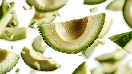Slices of Fresh Avocado Falling Through the Air