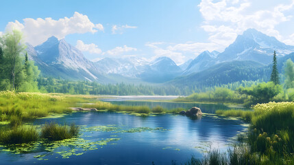 Fototapeta premium Stunning landscape, serene nature scene, mountains, clear blue sky, peaceful river, outdoor adventure