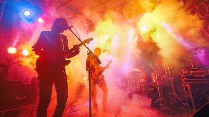 Musicians perform passionately on a vibrant stage, enveloped in colorful lights and smoke, capturing the essence of energetic live music.