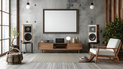 Modern film poster encased in a wooden frame in a minimalist room design  AI generated illustration