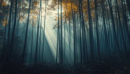 Fototapeta premium Sunbeams piercing through a dense bamboo forest, creating a mystical and ethereal atmosphere.
