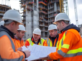 A Group of Construction Workers Examining Blueprints on a Bustling Construction Site