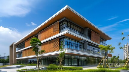 Fototapeta premium Modern office building with rainwater harvesting capacity AI generated illustration