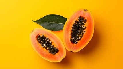 Two Papaya Halves with Leaf on Yellow Background. © Wittaya
