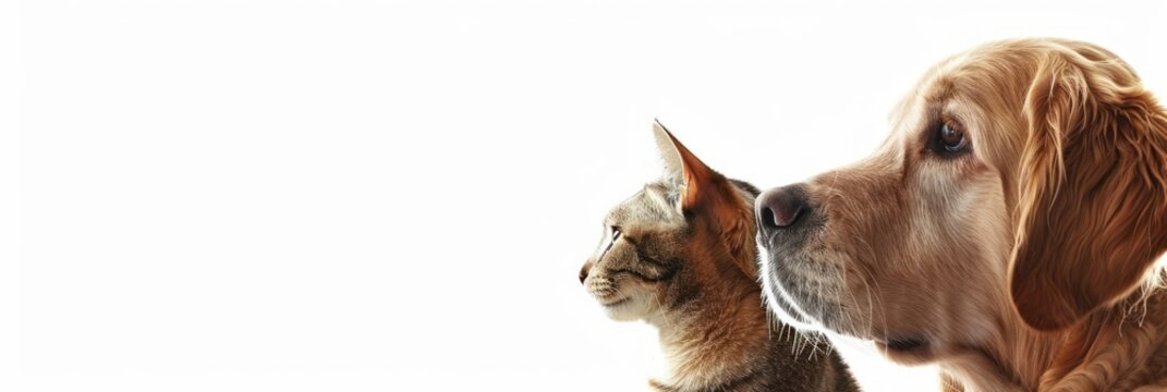 Close up of a cat and a golden retriever looking to the right side of the frame, isolated against a white background.