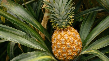 Obraz premium Close Up Of A Ripe Pineapple With Its Leaves.