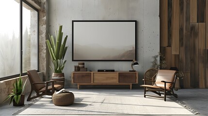 Modern room displaying a minimalistic movie poster residing within a rustic wooden frame  AI generated illustration