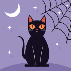 A black cat sitting under the moon. Halloween holiday. Vector illustration.