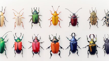 Naklejka premium Diverse array of colorful beetles arranged symmetrically against a white background showcasing their vibrant hues.