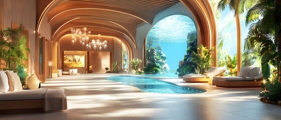 Modern Tropical Villa Interior with Indoor Pool and Ocean View.