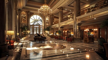 A luxurious hotel lobby featuring elegant decor, a grand piano, and ample natural light.