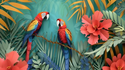 Obraz premium Two colorful parrots perched amid vibrant jungle foliage, rendered in a detailed, tropical scene.