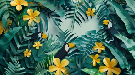 A striking illustration of toucans nestled among tropical foliage, with an array of bright, yellow flowers adding pops of color against deep green leaves.