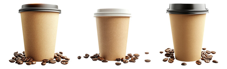 Disposable coffee cups set with coffee beans isolated on transparent background
