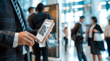 A person using a smartphone to scan a QR code in a bright, bustling public location with blurred people in the background.