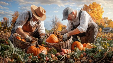 Autumn Harvest Group of Harvesters Picking Pumpkins and Fruits in Colorful Field