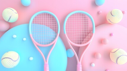 D tennis rackets and ball in pastel color palette   AI generated illustration