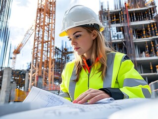 Close up of female engineer in hard hat and high visibility jacket studying blueprints at construction site with crane and building framework