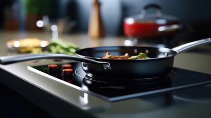 Close-up of a Frying Pan on a Modern Stovetop