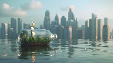 Obraz premium A 3D styled tiny ship in a bottle with a minimalist city skyline background AI generated illustration