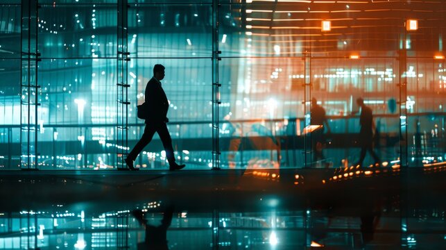 A lone shadowed individual walks past a brightly lit modern glass building, with reflections illuminating the ground beneath. - Powered by Adobe