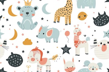 Seamless pattern with cute cartoon animals and stars for kids.