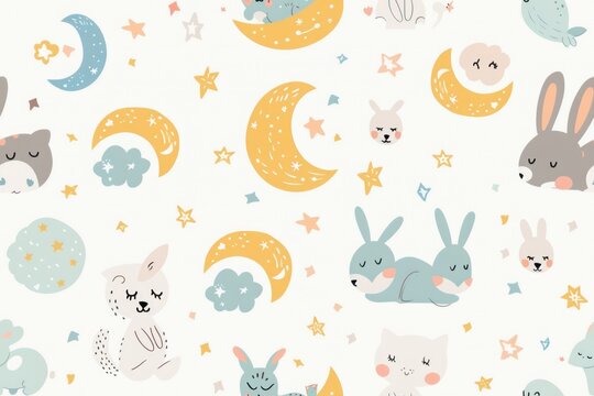 Fototapeta Seamless pattern with cute animals, moons, stars and clouds.