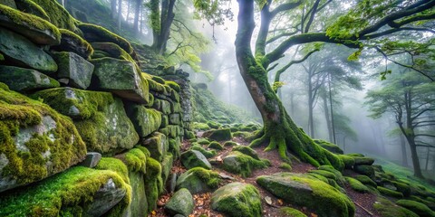 Moss and ferns cloak an ancient rock wall, worn smooth by time, bearing scars of erosion as misty valleys unfold amidst twisted roots.