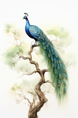 Naklejka premium Majestic Peacock on Ancient Branch: A watercolor depiction of a peacock perched gracefully on a gnarled tree limb, its vibrant plumage a testament to nature's artistry. 