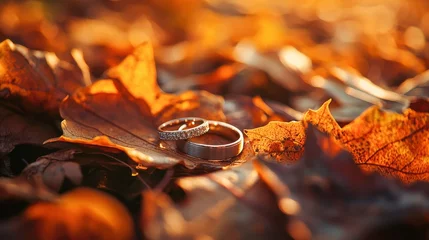 Selbstklebende Fototapeten A close-up of wedding rings placed on a bed of autumn leaves, with soft lighting creating a warm, romantic glow. The scene is intimate and reflects the beauty of the fall season © MP_Artworks