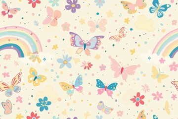 A colorful seamless pattern with butterflies, flowers, and a rainbow.