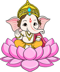 Cute Ganesh on Lotus flower illustration, Bal Ganesha , for Ganesh Chaturthi festival 