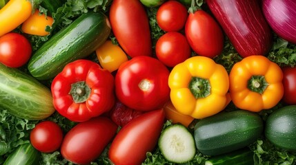 A vibrant assortment of fresh vegetables including tomatoes, peppers, and cucumbers on a bed of leafy greens.