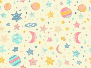 Seamless pattern of cute cartoon stars, planets and moons in pastel colors on a yellow background.